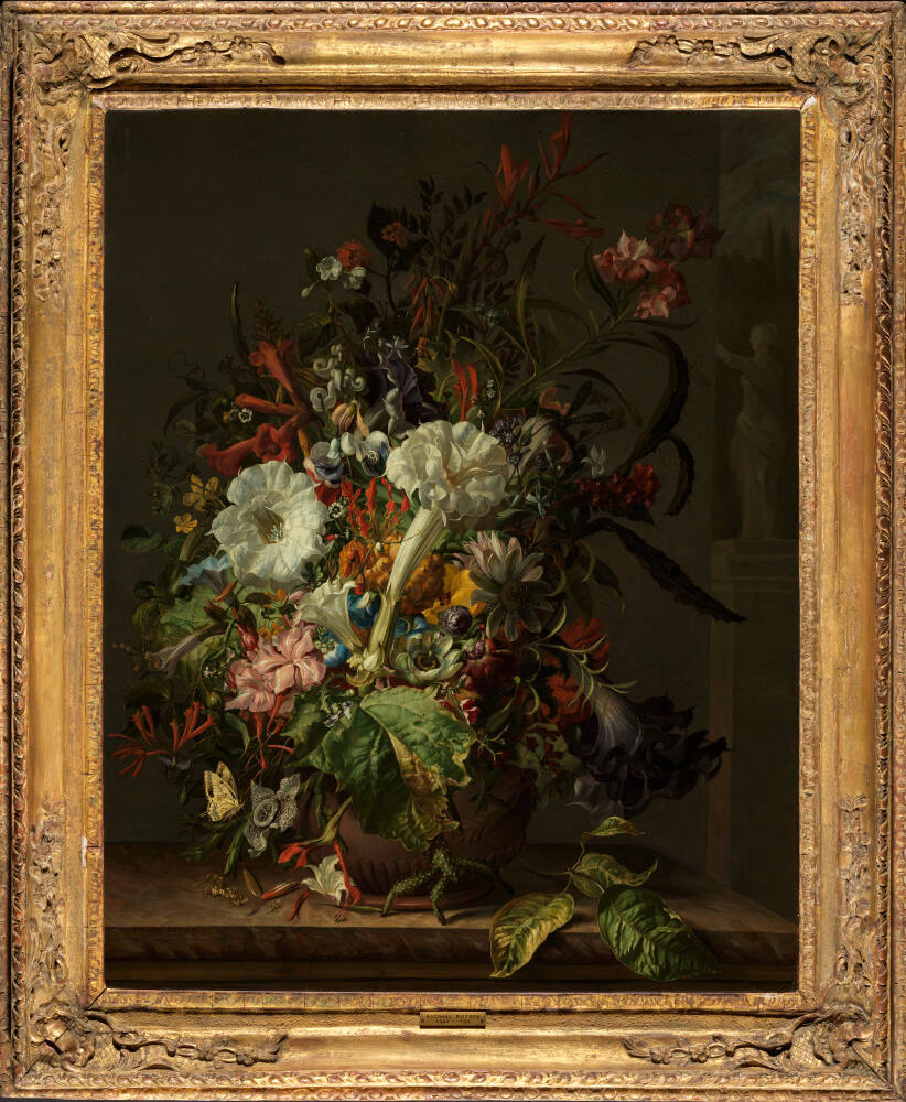 Still Life of Exotic Flowers on a Marble Ledge