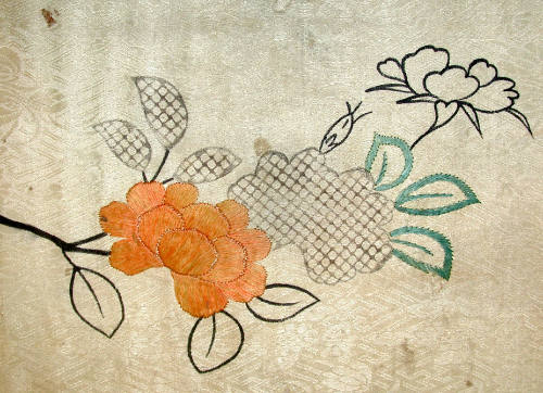 Fragment from uchakake with design of floral bouquets and geometric patterns