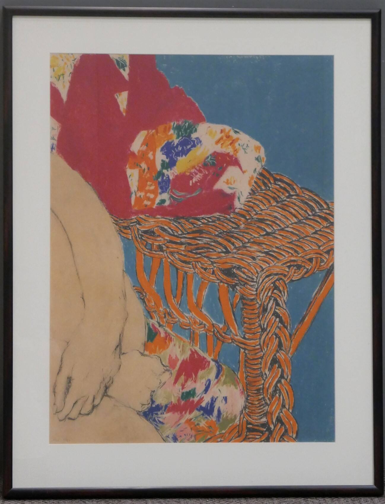 Woman in Wicker Chair on Blue Background