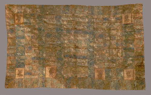 Seven column kesa with bird and flower design; shiten and niten with design of the Buddhist guardian Bishamonten
