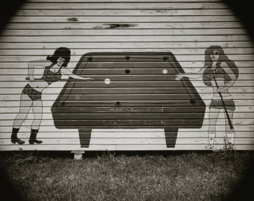 Go-Go Girls Playing Pool Painting on Wall. US 90, New Iberia, Louisiana