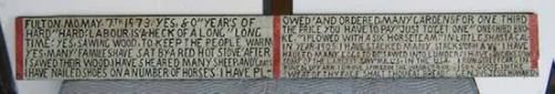 FULTON. MO. MAY. 7.TH 1973. YES, 80" YEARS OF HARD" HARD; LABOUR. IS' A-HECK OF A LONG" LONG TIME; YES, SAWING WOOD, TO KEEP THE PEOPLE WARM YES, MANY' FAMILIES: HAVE SAT BY: A RED HOT STOVE' AFTER A SAWED THEIR WOOD. I HAVE SHEARED MANY SHEEP, AND' GOATS I HAVE NAILED SHOES ON A NUMBER: OF HORSE'S. I HAVE PL-OWED' AND ORDERED, MANY GARDENS: FOR ONE THIRD THE PRICE YOU HAVE TO PAY" JUST TO' GET ONE" ONE: tHIRD BRO-KE." i PLOWED WITH A SIX HORSE: TEAM." IN: LITTLE SHASTA. CAL-IN YEAR. 1905. I HAVE STACKED MANY. STACKS' OF: HAY" I HAVE HAULED MANY LOGS TO BE'SAWED INTO LUMBER; I HAVE WORKED' IN SOME OF THE LARGEST SAW MILL'S, IN THE U.S.A. I RUN STREET CARS IN. PINE BLUFF ARK. I DROVE SKILES' IN THE WABAS' RR. IN 1904. QUOTE. IN: THE SWEAT OF THEY FACE SHALT THOU: EAT BREAD; GEN.3:19. JESSE HOWARD.
