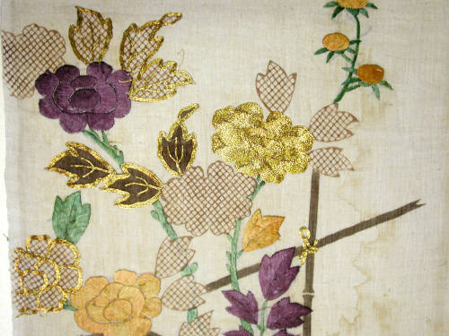 Fragment from katabira with design of peony flowers on bamboo fence
