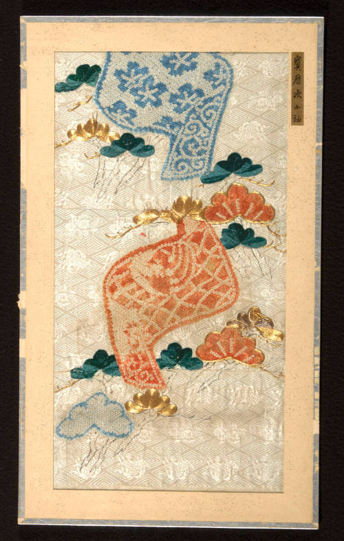 Fragment from uchikake for wealthy merchant woman with design of pine tree and bolt of silk cloth
