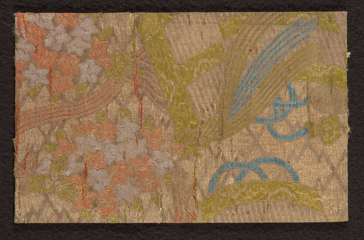 Fragment from Nō robe (atsuita type) with design of pine bark (matsu kawabishi), bamboo curtain (misu), and ornamental scent bag (kusudama)