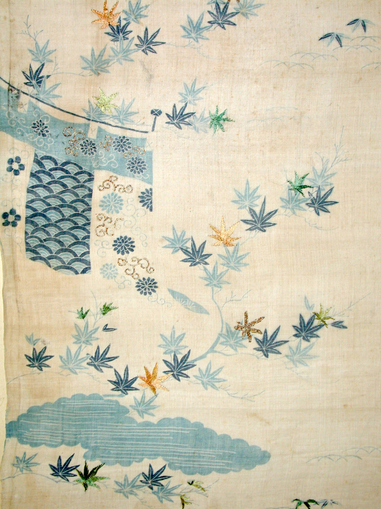 Fragment from katabira with design of maple leaves, outdoor screen, and clouds