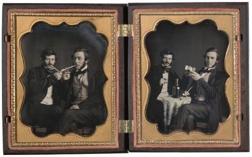A (left): Two men lighting pipes; B (right): Two men with upraised glasses                                                                                                                                                  

