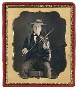 Man with Violin Wearing Woman's Hat