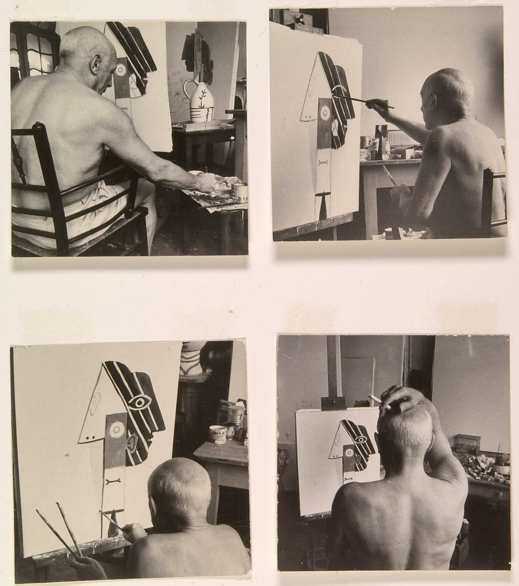 Picasso Paints Portrait of Jacqueline, Working from Midafternoon to Midnight. First Photos Ever Taken of Picasso Painting in Studio