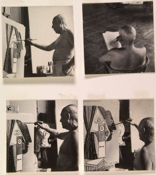 Picasso Paints Portrait of Jacqueline, Working from Midafternoon to Midnight. First Photos Ever Taken of Picasso Painting in Studio