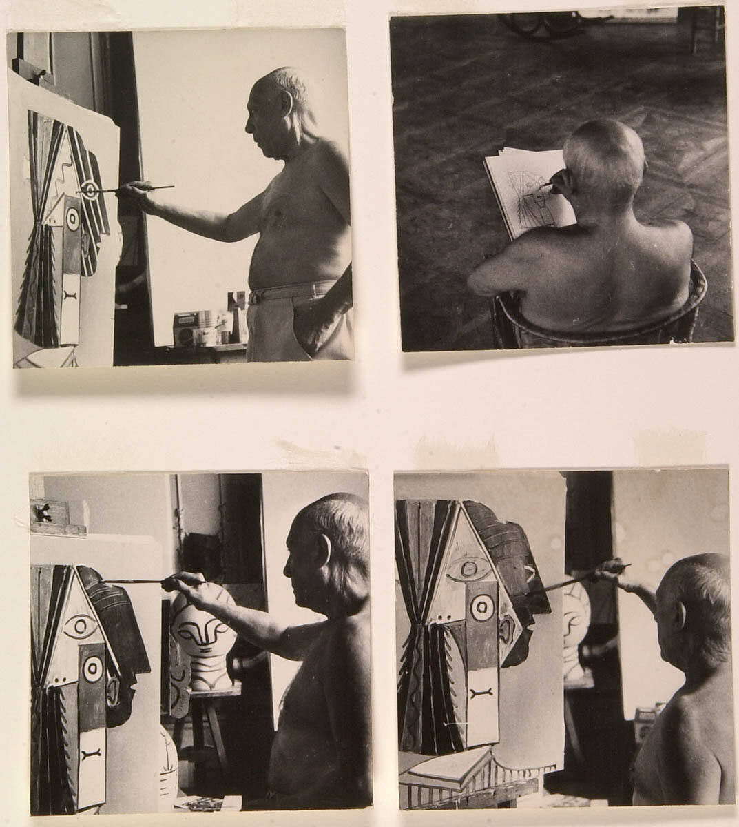 Picasso Paints Portrait of Jacqueline, Working from Midafternoon to Midnight. First Photos Ever Taken of Picasso Painting in Studio