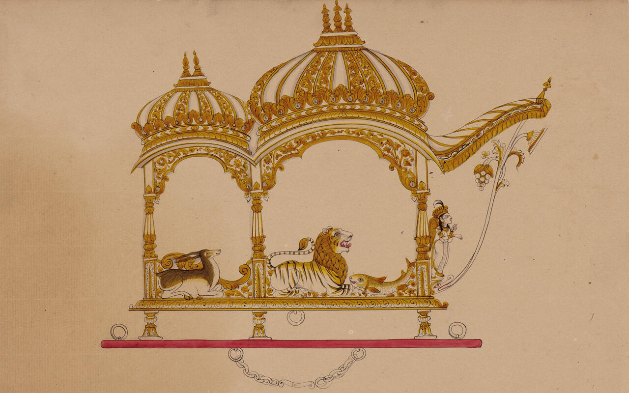 Design for a Palanquin with a Striped Bangla Roof from an Indian Workshop
