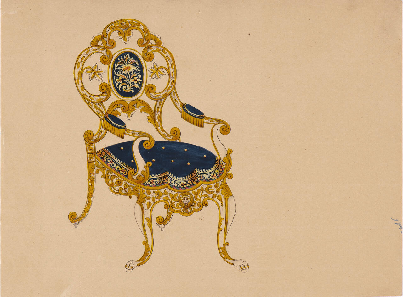 Design for a Blue Upholstered Arm Chair from an Indian Workshop