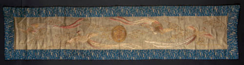 Tablecloth made over from a Buddhist temple altar cloth (uchishiki) with a design featuring the crest of the Tokugawa family and long-tailed birds