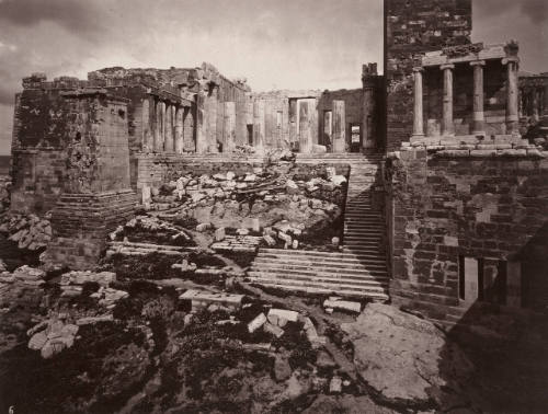 The western facade of the Propylaea, with the Temple of Victory and the ancient