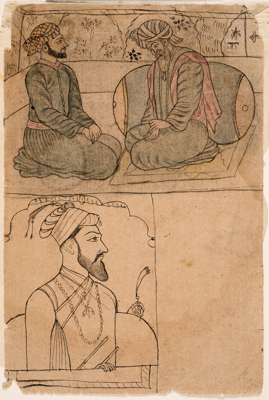 A Mullah and Visitor on a Terrace, and a Copy of a Portrait of Emperor Aurangzeb