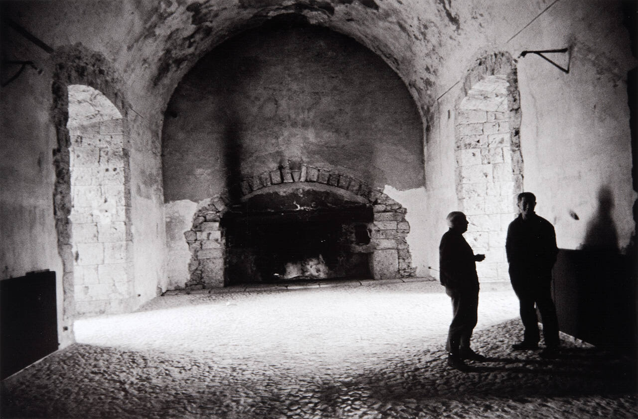 The vast ceremonial hall of the château dwarfing Picasso and his son Paulo, as the artist explains his daydream plans for the vaulted room, which he never touched