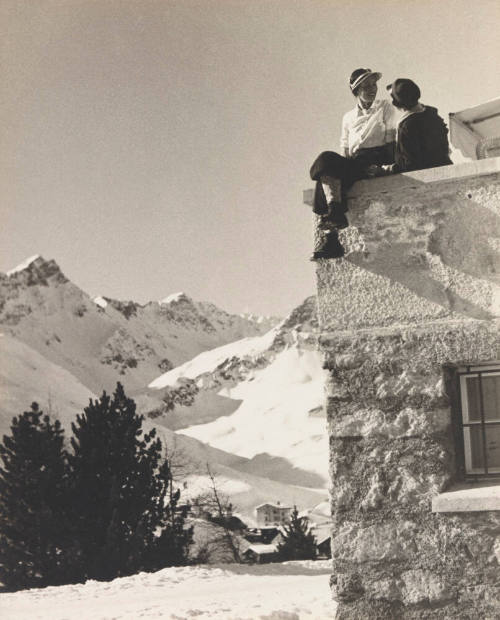 Conversation on terrace of the Tschuggen Hotel in Arosa, Switzerland