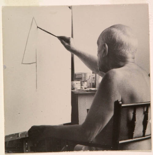 Picasso Paints Portrait of Jacqueline, Working from Midafternoon to Midnight. First Photos Ever Taken of Picasso Painting in Studio