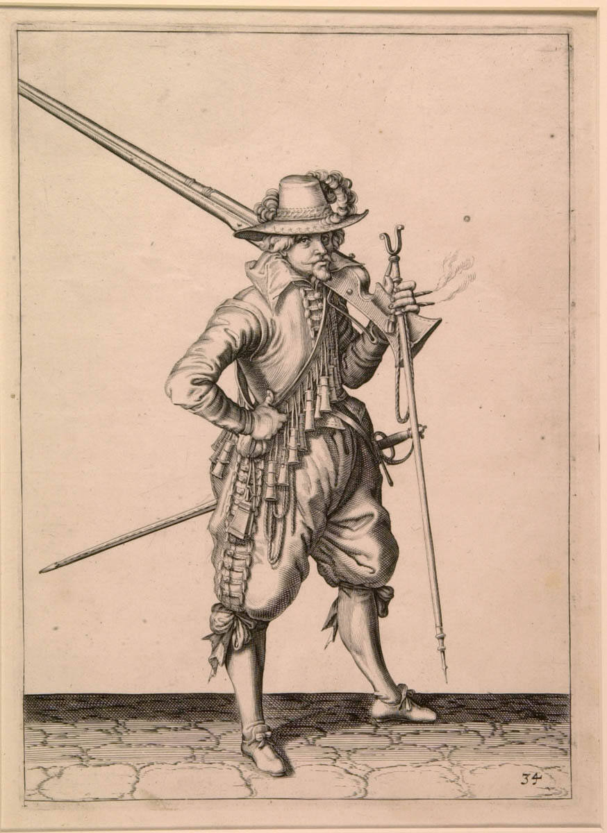A musketeer holding his musket at "Shoulder Arms"