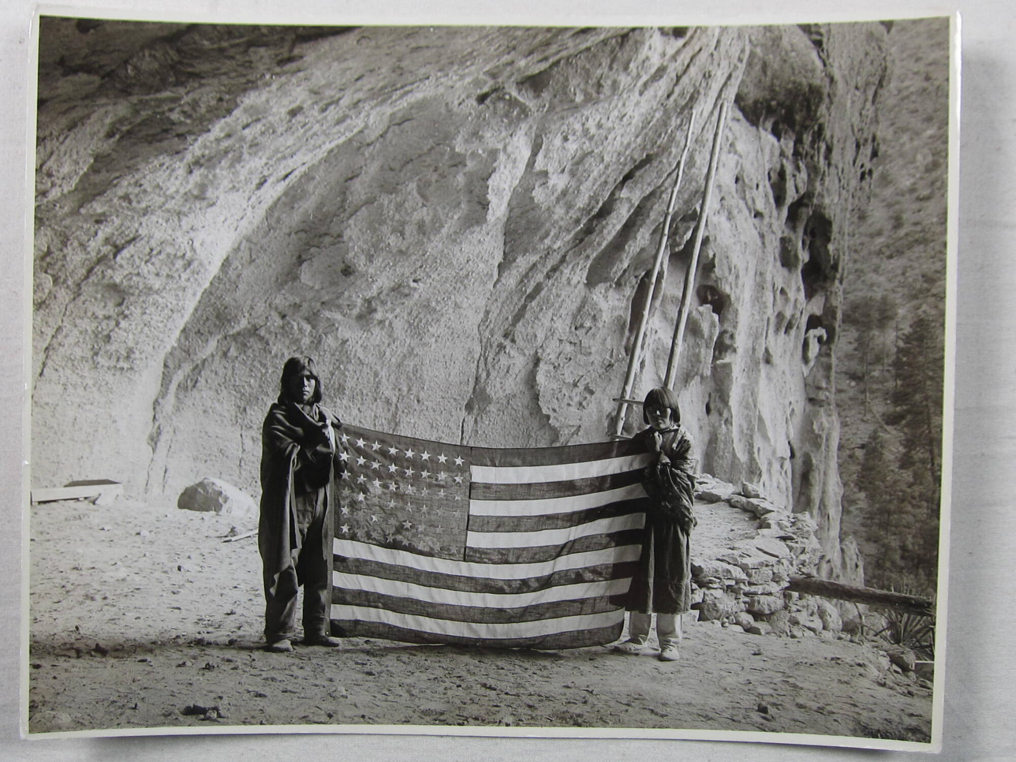 Pueblo Indians at ceremonial cave in Frijoles Canyon, New Mexico