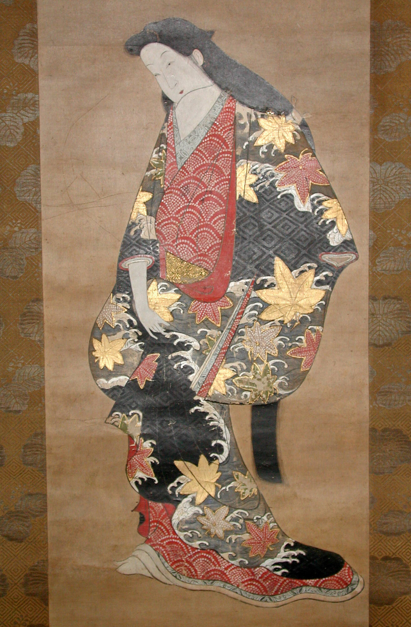 Woman in Black Kimono with Maple Leaf Design