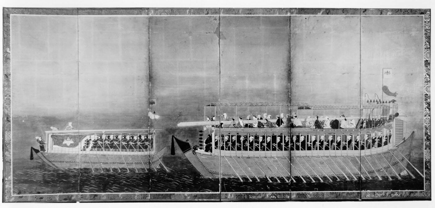 A Daimyo and His Retainers in Barges