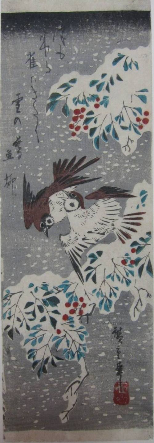 Two Sparrows Flying over a Snow Covered Tree