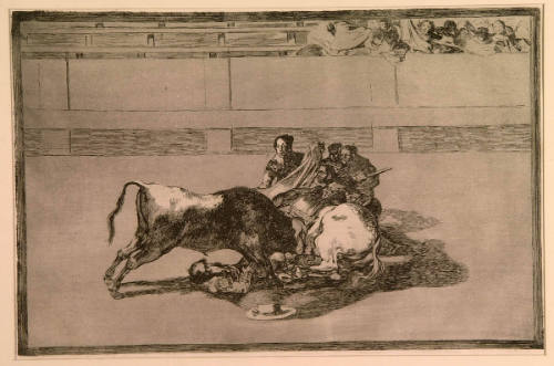 Bullfight, No.26:  A picador is unhorsed and falls under the bull