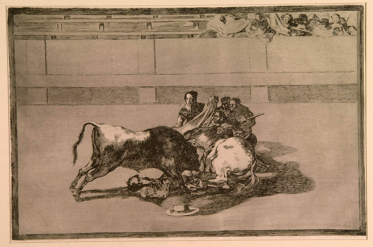 Bullfight, No.26:  A picador is unhorsed and falls under the bull