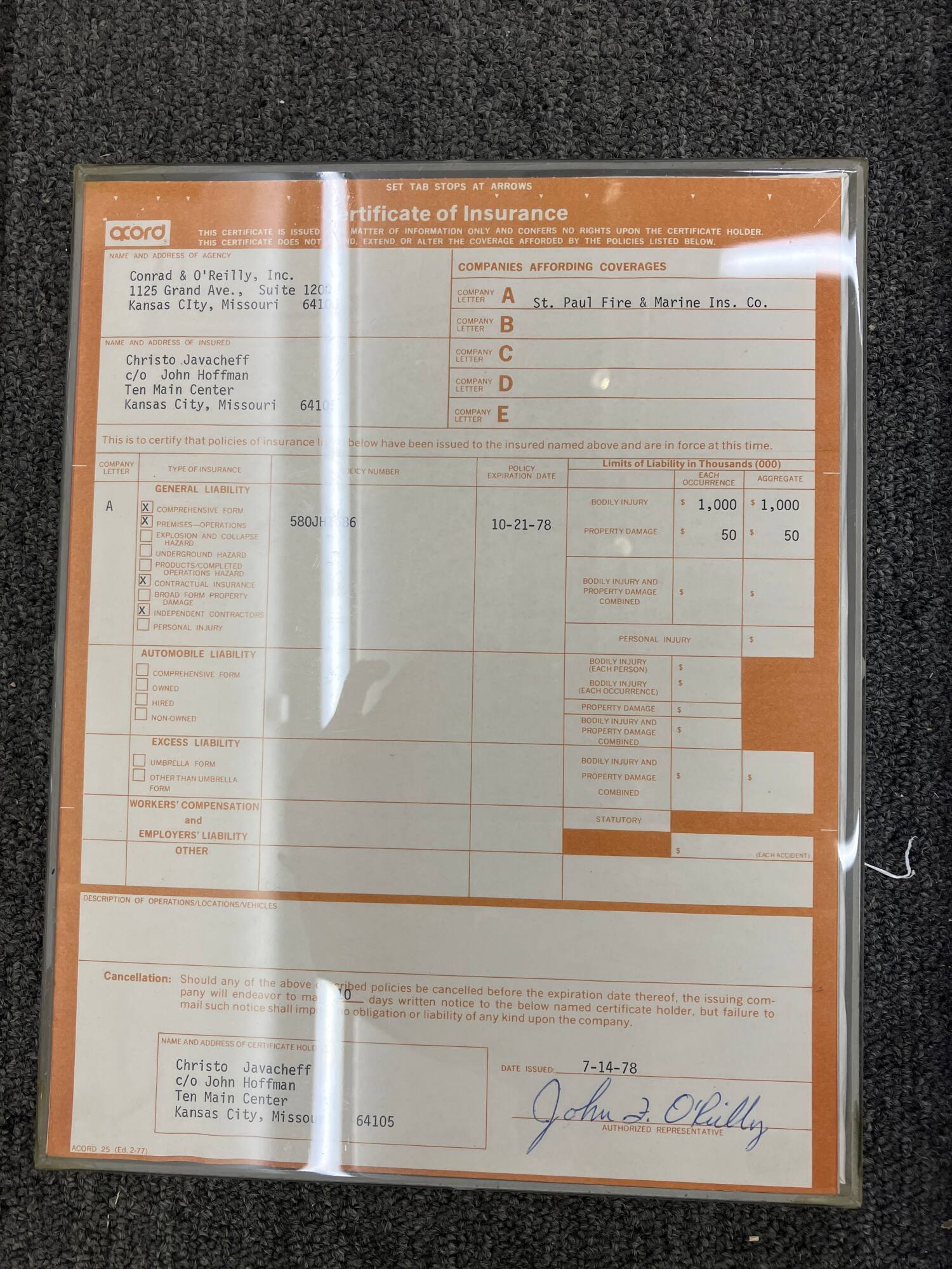 Certificate of Insurance issued by Conrad and O'Reilly, Inc. to Christo Javacheff