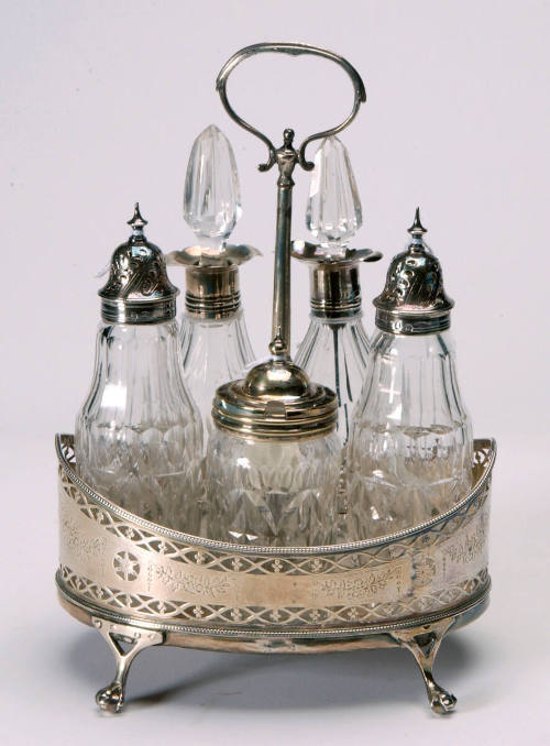 Cruet Stand with Salt, Pepper, Mustard Jar, and 2 Cruets
