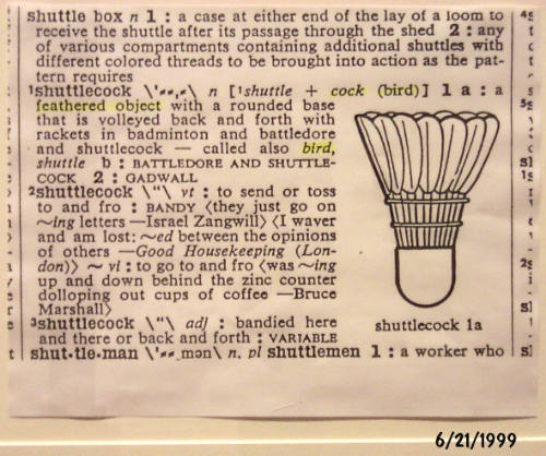 Dictionary Entry on Shuttlecock ("Webster's Third New International Dictionary")
