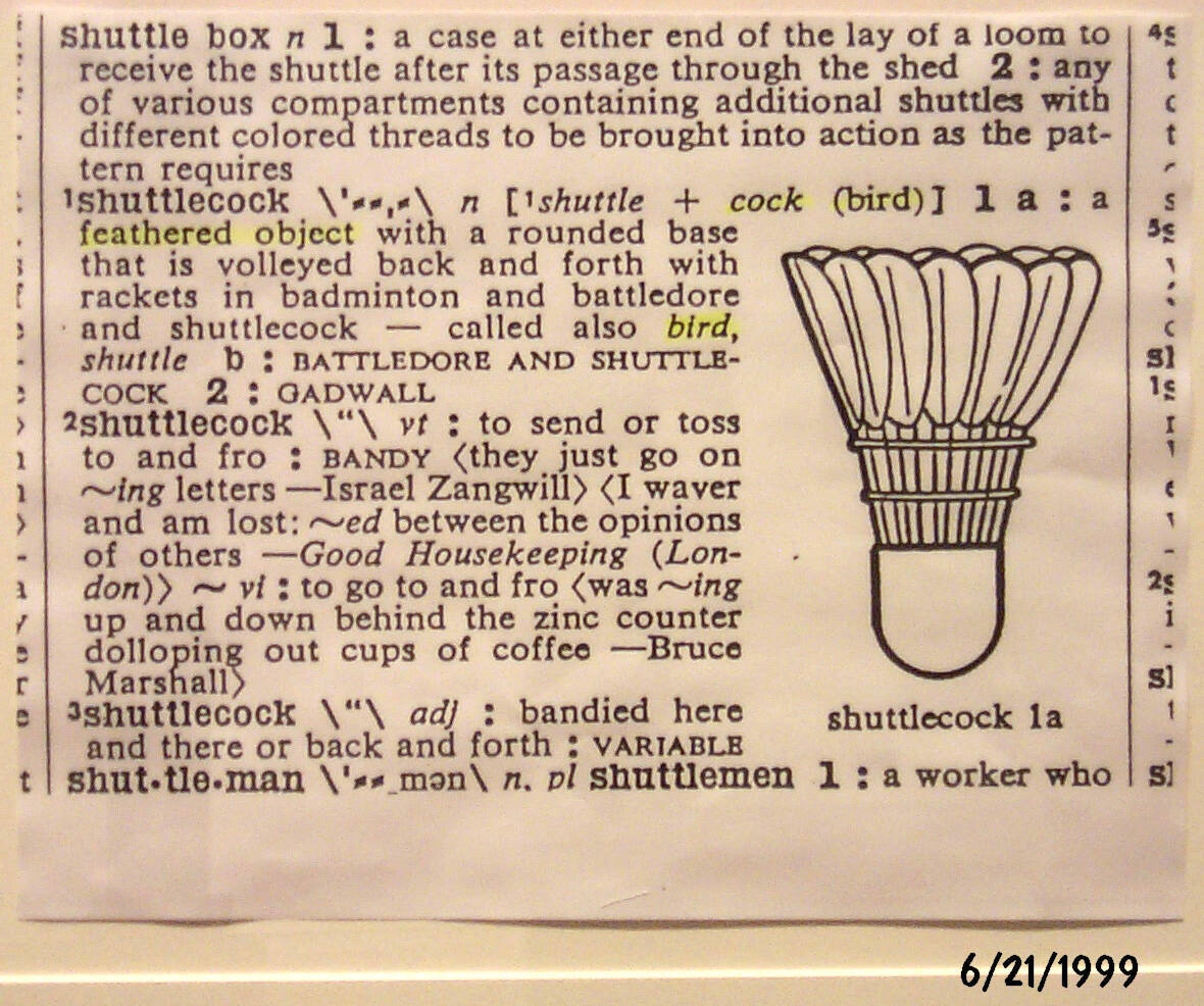Dictionary Entry on Shuttlecock ("Webster's Third New International Dictionary")