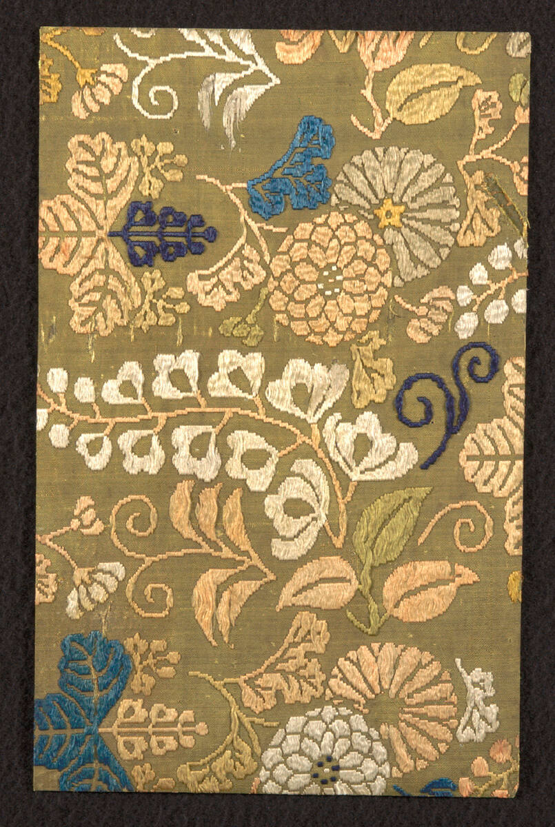 Fragment from Nō robe (atsuita type) with chrysanthemum, wisteria, and paulownia leaf design