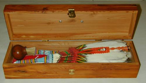 Peyote Kit (feather fan, staff, rattle, and hair ornament) and Box