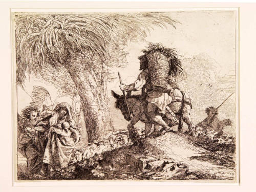 Mary, Helped by an Angel, and Joseph Carrying the Basket, Passing a Flock (plate 24)