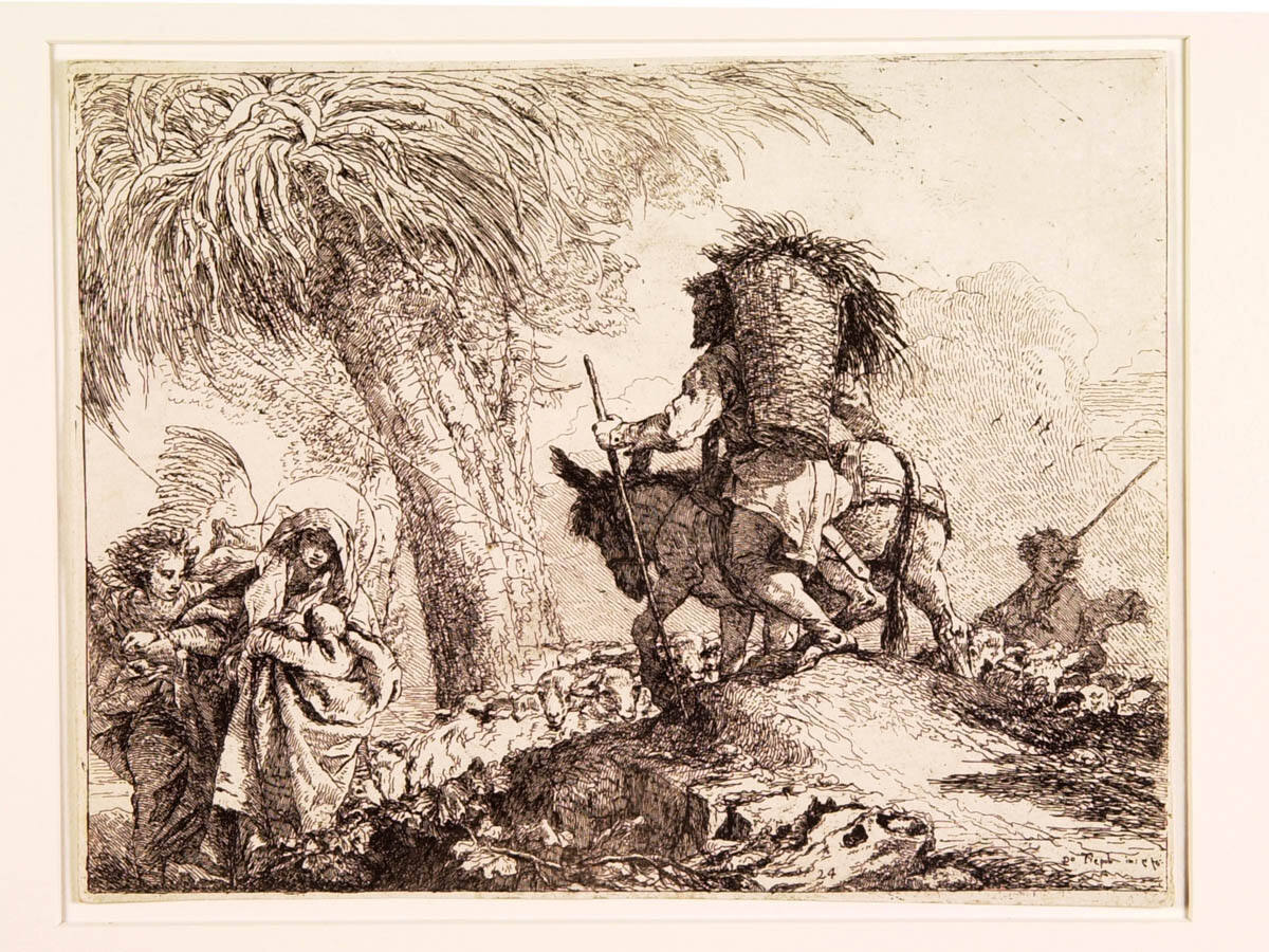Mary, Helped by an Angel, and Joseph Carrying the Basket, Passing a Flock (plate 24)