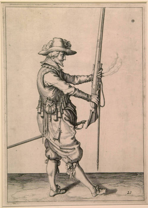 A musketeer holding musket at "Present Arms"