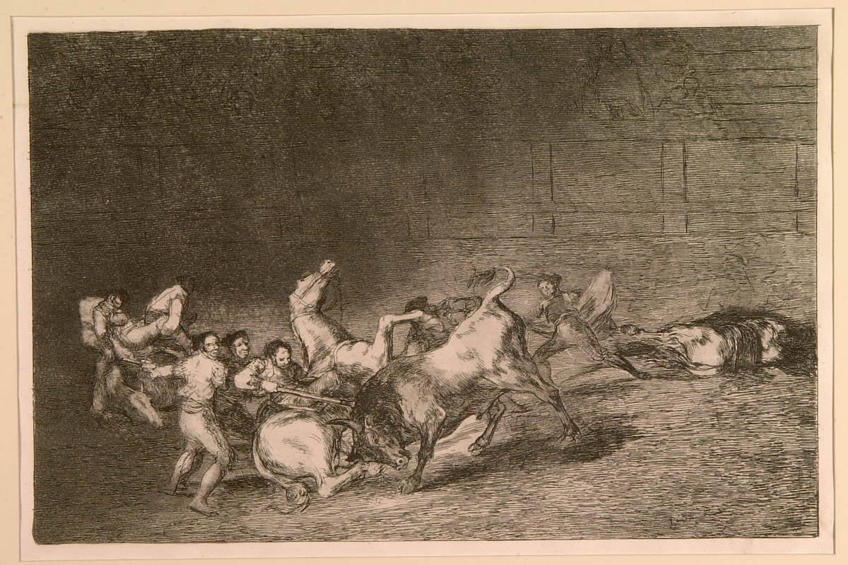 No. 32:  Two teams of picadors thrown one after the other by a single bull