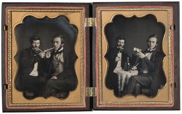 A (left): Two men lighting pipes; B (right): Two men with upraised glasses                                                                                                                                                  


