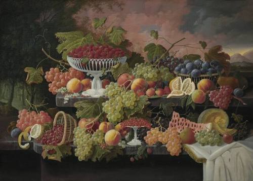 Two-Tiered Still Life with Fruit and Sunset Landscape