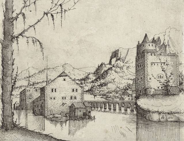 River Landscape with Two Buildings Connected by a Bridge