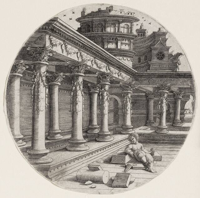 Child Seated Near a Portico