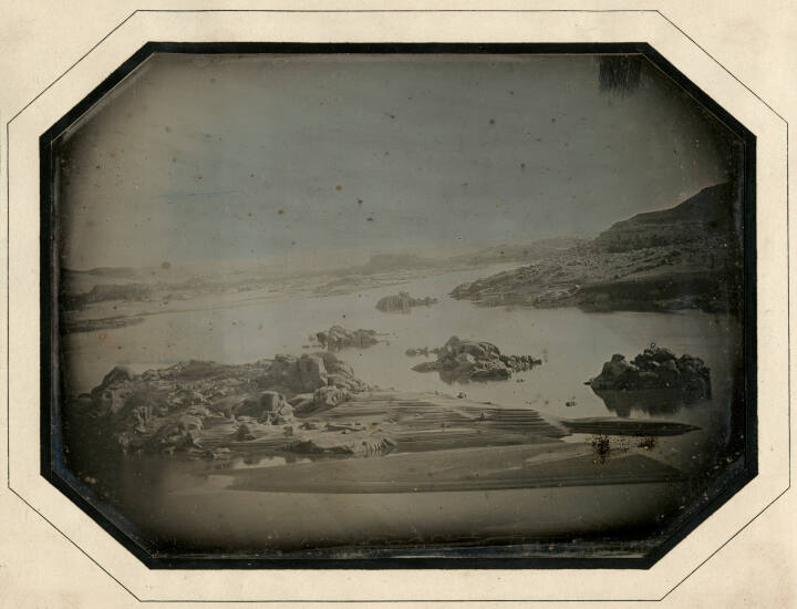 View of the first cataract of the Nile, above Aswan including Elephantine Island