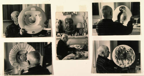 Picasso Starts to Paint Plates; Bronze Head of Dora Maar Above. Colors on Plates After Firing, and Examines Other Newly-painted Plates Before Firing