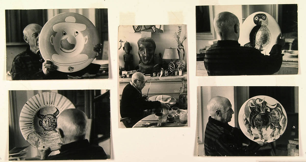 Picasso Starts to Paint Plates; Bronze Head of Dora Maar Above. Colors on Plates After Firing, and Examines Other Newly-painted Plates Before Firing