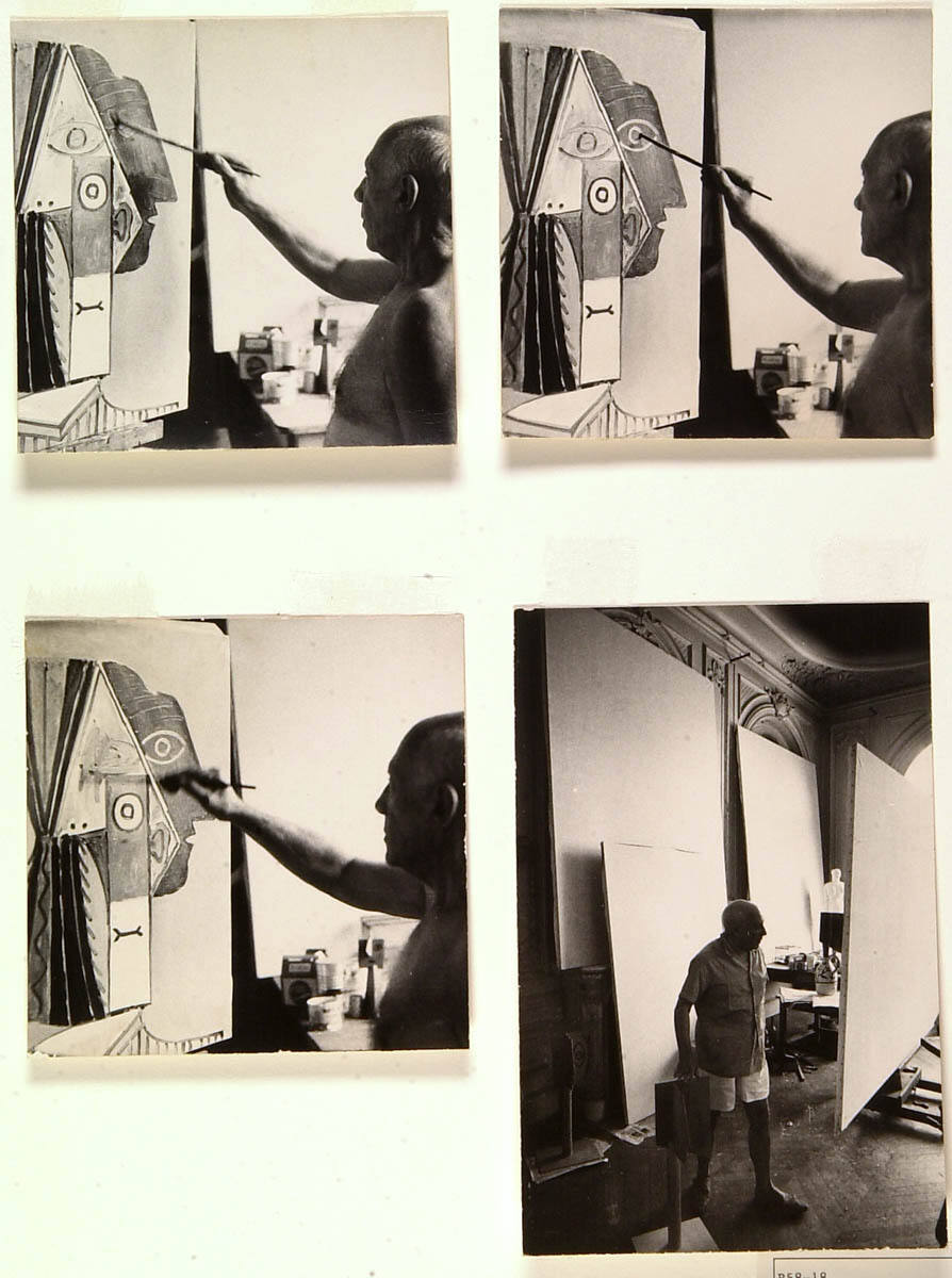 Picasso Paints Portrait of Jacqueline, Working from Midafternoon to Midnight. First Photos Ever Taken of Picasso Painting in Studio