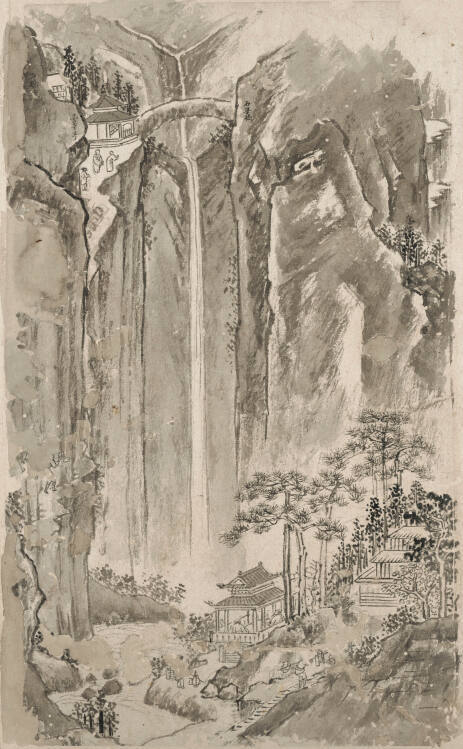 Mountain Waterfall with Village