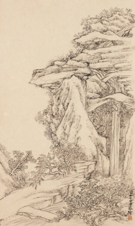 Waterfall Cascading Between Stone Bridges